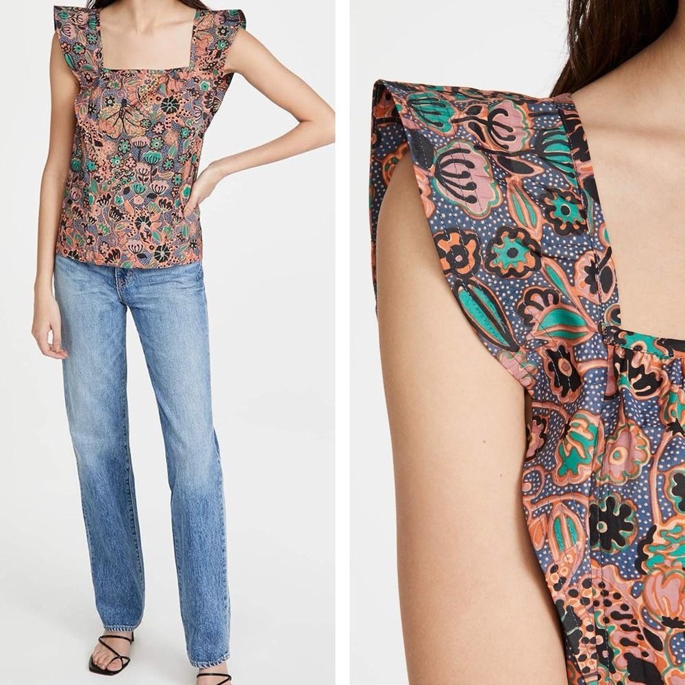 A.L.C. Floral Square-Neck Ruffled Sleeve Top — Coral, Teal, Black